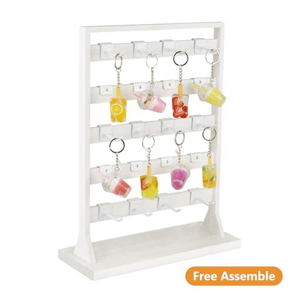 Ikee Design Free Assemble 2 Pcs Set Wooden Jewelry Display Rack with 20 Removable Metal Hooks/Each, Earring Card Display Holder Stand for Necklaces,Bracelet, Keychain Stand, Wash White - color: e) Wash White w/White Hook, 2 Pieces