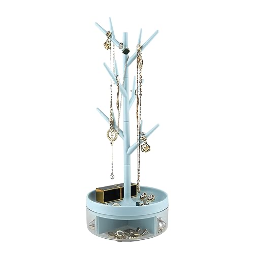 Branch Jewelry Rack With Rotatable Base and Storage Box Tree Tower Rack Hanging Organizer for Ring Earrings Necklace Bracelet,Suitable for living rooms, bathrooms,offices,etc. - color: C Blue