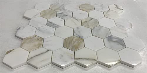Tenedos Calacatta Gold Marble 2 inch Hexagon Mosaic Tile Polished for Kitchen Backsplash Bathroom Flooring Shower Surround Dining Room Entryway Corrido Spa (1 Sheet)