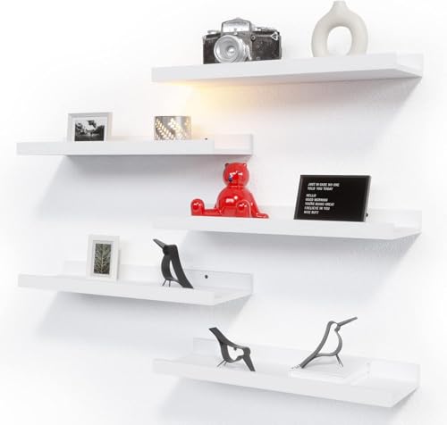 RICHER HOUSE 5 Set White Floating Shelves, Wall Mounted Shelves for Wall Decor, Modern Picture Ledge Shelf with Lip for Storage Nursery, Bedroom, Living Room, Bathroom - White - color: White, size: 5pcs*15.75in