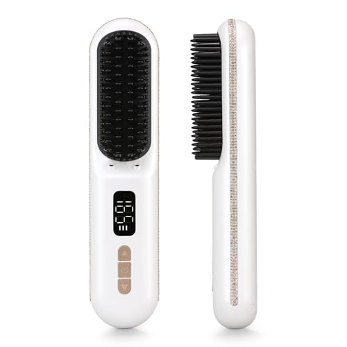Hair Straightener Brush, Portable Cordless Straightening Brush for Travel, Negative Ion Hot Comb Hair Straightener with 9 Temps for Women, Anti-Scald Ceramic, Fast Charge - color: B-white With Ab Champagne Gold