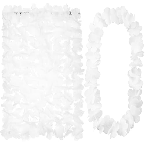 Hoteam 24 Counts White Hawaiian Leis Necklace Tropical Flower Lei Floral Luau Party Decorations Hawaiian Flower Luau Necklaces Hula Dance Garland Headbands for Beach Birthday Wedding Party Favors - color: White
