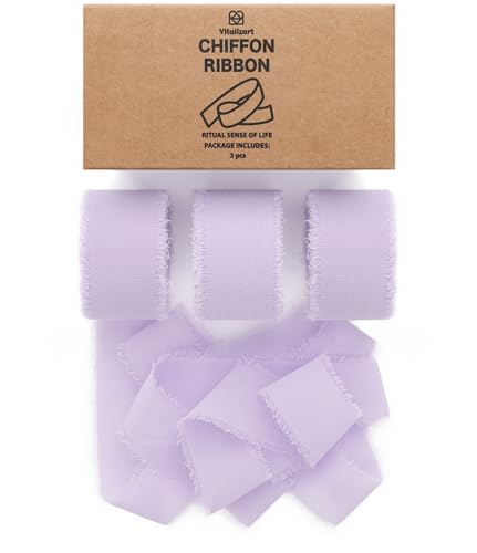 Vitalizart Lavender Purple Chiffon Silk Ribbon 1" x 21 Yd Fringe Fabric Package (3 Rolls * 7 Yd) for Wedding Invitations Bridal Bouquets Decorations Gifts Wrapping & Bow Making Lilac - color: Lavender