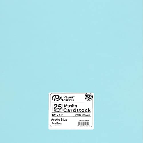 PA Paper Accents Muslin Cardstock 12” x 12” Arctic Blue, 73lb colored cardstock paper for card making, scrapbooking, printing, quilling and crafts, 25 piece pack - color: Arctic Blue