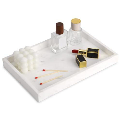 Marble Bathroom Vanity Tray, Natural Luxury Vanity Home Kitchen Bathroom Table Tray, Stone Decorative Countertop Dresser Trays for Key Coffee Perfume Jewelry Makeup (Jazz White, 12"x 8" x1.2") - color: Jazz White, size: 12" x 8" x 1.2"