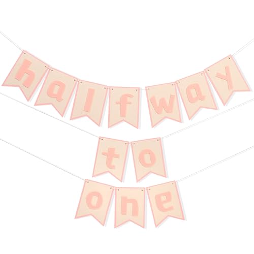Half Way to One Banner - Neutral Rustic Baby 6 Months Birthday Decor, 1/2 Birthday Party Backdrop for Boys Girls, Cake Smash Photo Props, Baby Shower Decorations (Pink) - color: Pink