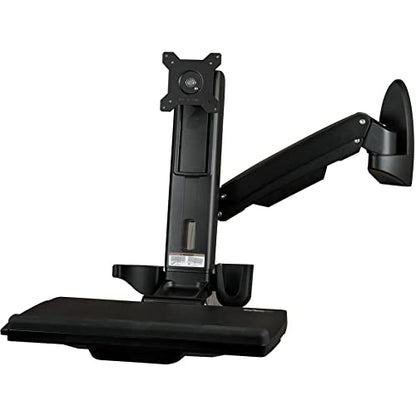 StarTech.com Wall Mount Workstation - Articulating Full Motion Standing Desk with Ergonomic Height Adjustable Monitor & Keyboard Tray Arm - Mouse & Scanner Holders - Single VESA Display, TAA - color: Black, style: Wall Mount – Spring Arm
