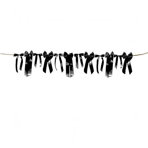 Meseey Black Satin Bow Garland Banner Coquette Bachelorette Party Decor,Bridal Shower Backdrop,Wedding & Engagement Party Supplies,Birthday Decoration,Photo Booth Props(Black) - color: Black