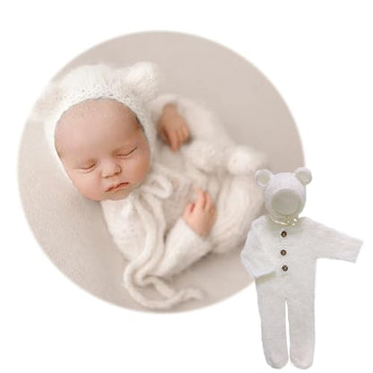 2Pcs Newborn Photography Props Boy Photo Posing Outfits Baby Photoshoots Girl Crochet Bear Hat Romper - color: White