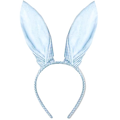 Cute Blue Plaid Easter Bunny Ears Headband for Women, Adjustable Floral Hairband for Easter Party & Spring Photo Prop