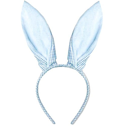Cute Blue Plaid Easter Bunny Ears Headband for Women, Adjustable Floral Hairband for Easter Party & Spring Photo Prop