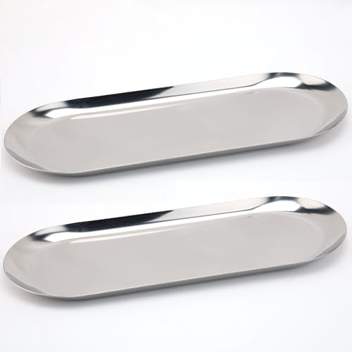 Fermus Stainless Steel Decorative Tray, Set of 2, 12 Inch Long, Jewelry Dish Cosmetics Organizer Bathroom Clutter Serving Platter Small Storage Tray, Oval, Silver - color: Silver