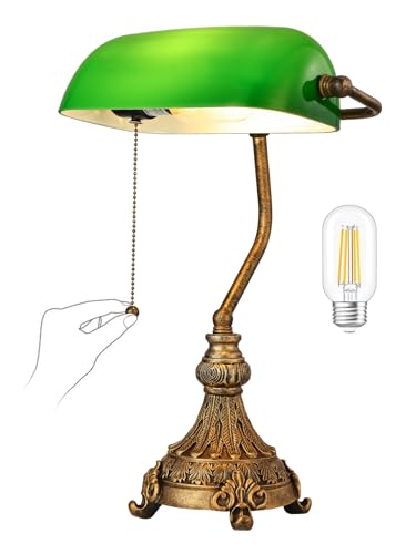 Vintage Green Glass Bankers Desk Lamp for Home Office,Library with Pull Chain Switch Plug in Fixture, LED Bulb Included - color: Antique+Green2