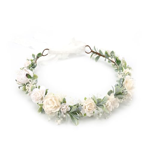 Greenery Flower Crown for Girls White Floral Holo Hair Headpiece Bridal Wreath Bridemaid Crown Rustic Wedding Garland Photo Prop Headband for Child - color: Child Size