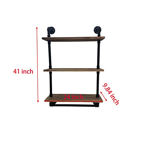 ROGMARS Industrial Pipe Shelving Bathroom Shelves with Towel bar, 24 in Rustic Floating Shelves Pipe Wall Shelf,3 Tier Wall Mounted Shelves with Hook - color: Rustic Brown, size: 24 inch 3 tier