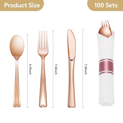 Goodluck 100 Pack Pre Rolled Rose Gold Plastic Silverware, Wrapped Cutlery Set with Napkin Include 100 Forks, 100 Knives, 100 Spoons and 100 Napkins, Fancy Disposable Silverware for Party, Wedding - size: 100pc, style: Rose gold