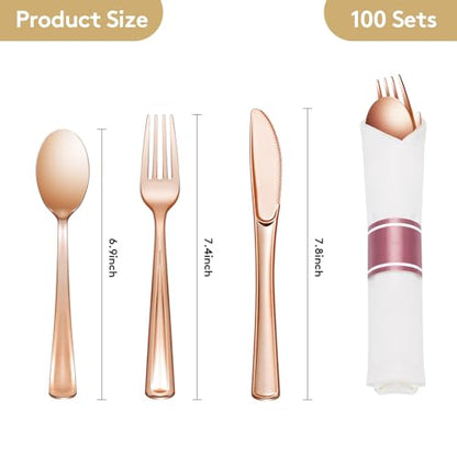 Goodluck 100 Pack Pre Rolled Rose Gold Plastic Silverware, Wrapped Cutlery Set with Napkin Include 100 Forks, 100 Knives, 100 Spoons and 100 Napkins, Fancy Disposable Silverware for Party, Wedding - size: 100pc, style: Rose gold