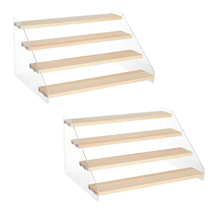 2 Pack 4 Tier 12 Inch Acrylic Wooden Display Stand, Clear Acrylic Display Riser Shelf Wood Tiered Display Shelf Rack Step Ladder Riser Stands for Cupcakes Perfumes Figures Collectibles