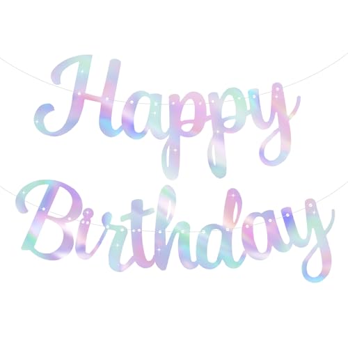 Iridescent Happy Birthday Banner - Pre-Strung Holographic Birthday Sign Garland 10 Feet, NO DIY, Happy Birthday Letters for Shiny Retro 70s Disco Women Men Birthday Party Decorations - color: Iridescent