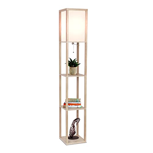 Brightech Maxwell - Modern Shelf Floor Lamp with Lamp Shade & Warm White LED Bulb, Corner Display Floor Lamp with Shelves for Living Room, Bedroom, Nightstand Office, Home Decor Storage - Rustic Wood - color: Rustic Wood