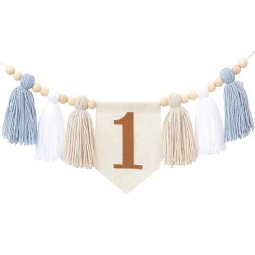 Boho Blue Handmade 1st Birthday High Chair Banner for Baby Boys Wall Hangings Wood Bead Tassel Garland First Birthday Party Decorations Photoshoot Props - color: brown and blue