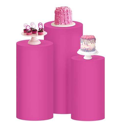 Socomi Cylinder Pedestal Stand Covers Spandex Flexible Display Box Stand Covers for Birthday Party Wedding Baby Shower Decoration- Only Stand Covers Included Set of 3 Fuchsia - color: Fuchsia, size: Set of 3