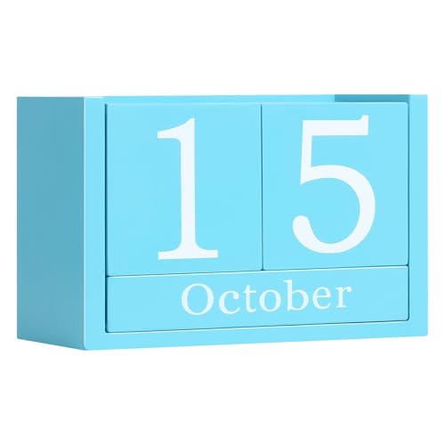 Wooden Block Calendar for Desk, Large Size Daily Desktop Perpetual Desk Calendar, Cute Date Display Desk Accessories for Home Office Decor, Teacher, Classroom, Reusable Yearly, Blue - color: Blue, size: Large Size