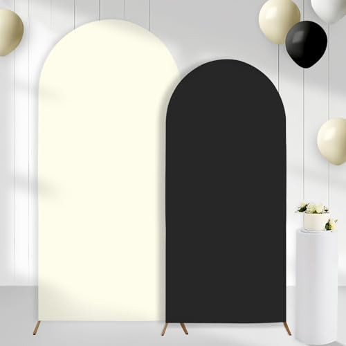 Set of 2 Arch Backdrop Covers Cream Black(7.2Ft, 6Ft), 2-Sided Spandex Fitted Round Top Chiara Arch Backdrop Stand Covers for Baby Shower Wedding Birthday Party Decor Supplies (Only Cover) - color: Cream & Black, size: 7.2FT/6FT