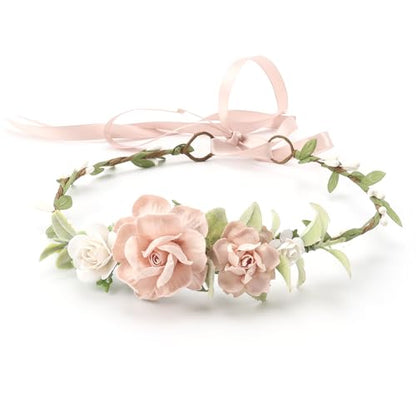 Flower Girl Flower Crown Pink Baby Girls Floral Headpieces Kids Headband Children Hair Wreath Photo Prop (Blush & White-Child Size) - color: Blush & White