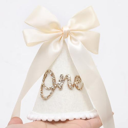 Boho Beige Bow Half Birthday hat-1/2 Birthday Decorations,Glitter Number Cone Hat,Princess Hat,Photo Props Cake Smash - color: White Bow Hat1