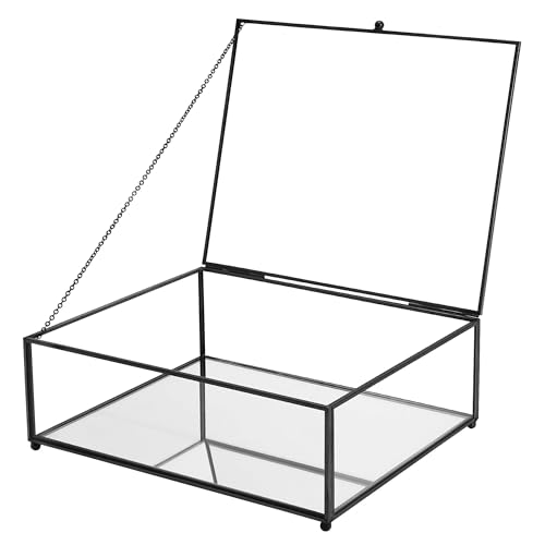REDHUGO Large Glass Boxes for Display Handmade, Mirrored Bottom, Glass Jewelry Trinket Box with Lid, for Book Photo Keepsake Organizer Display Case for Vanity Decor Home, 10.4"L x 8.5"W x 3.7"H, Black - color: Black, size: High: 10.4"L × 8.5"W × 3.7"H