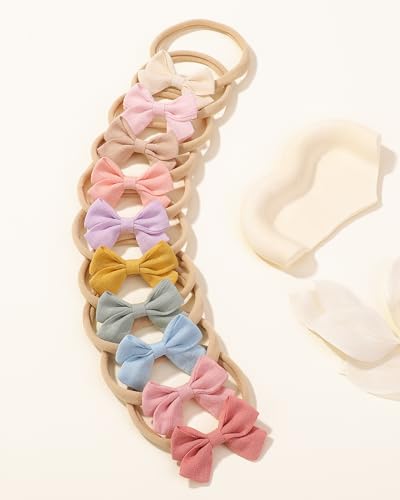 jollybows 20pcs Baby Girl Bow Headbands Newborn Nylon Hairband 2" Neutral Linen Infant Hair Bows - color: 5- 20PCS baby girl headbands