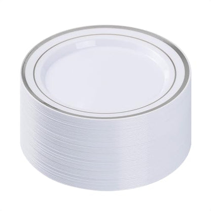 BESTVIP 50PCS Silver Plastic Plates, 10.25 Inch Disposable Dinner Plate Party with Silver Rim, Heavy Duty Disposable Plastic Plates for Christmas, Thanksgiving, Party, Wedding and Birthday - color: Silver, size: 50PC