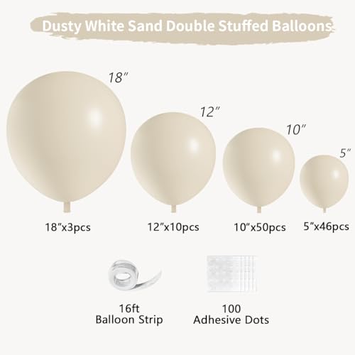 Double Stuffed White Sand balloons Different Size 115Pcs 5/10/12/18 Inch Sand White Balloon Garland Arch kit for Birthday Wedding Baby Shower Bridal Shower Neutral Party Decorations - color: White Sand