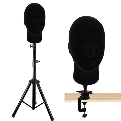 MapofBeauty Black Velvet Foam Mannequin Head Male Display Stand Styrofoam Wig Head (Black)