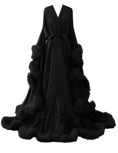 Feather Silk Satin Bridal Robe Long Wedding Scarf Illusion Bathrobe Sleepwear for Women Sexy Lingerie Nightgown - color: Black, size: Large-X-Large