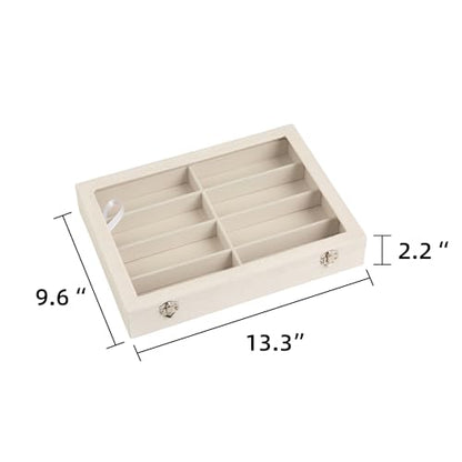 Frebeauty Sunglass Organizer,Velvet Glasses Organizer,8-Slot Sunglasses Tray with Clear Lid,Men's/Women's Sunglasses Box,Sunglass Case,13.3 x 9.6 x 2.2 Inches,Eyeglass/Eyewear Display Tray(Beige) - color: Beige, style: With Lid