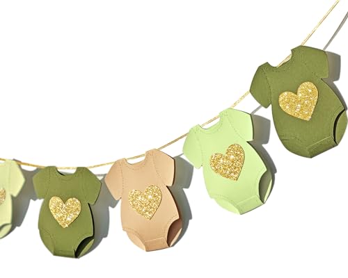 Green Brown Baby Shower Paper Garland Short-Sleeve Bodysuits Clothesline Garland Gender Reveal Birthday Banner Baby Outfit Pre - Strung Paper Decorations 9 pcs - color: Green-kraft