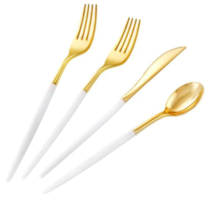 SUT Gold Plastic Silverware, 160Pcs Gold Utensils Set Disposable, 80 Gold Plastic Forks, 40 Gold Knives, 40 Gold Spoons, Gold Plastic Cutlery for Parties, Dinners, Weddings(White Gold) - style: White Gold