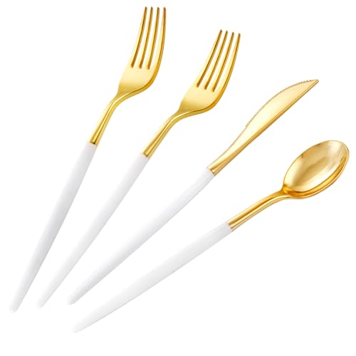 SUT Gold Plastic Silverware, 160Pcs Gold Utensils Set Disposable, 80 Gold Plastic Forks, 40 Gold Knives, 40 Gold Spoons, Gold Plastic Cutlery for Parties, Dinners, Weddings(White Gold) - style: White Gold