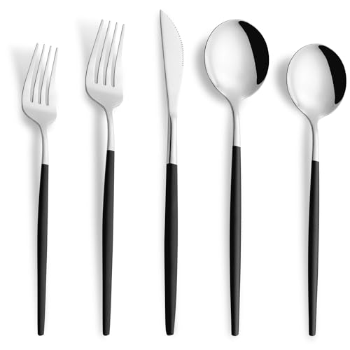 40 Piece Black Silver Silverware Set,Stainless Steel Flatware Cutlery Set Service for 8 Including Forks Spoons Knives,Utensil Set,Tableware for Home and Restaurant, Dishwasher Safe - color: Black/Silver, size: 40-Piece