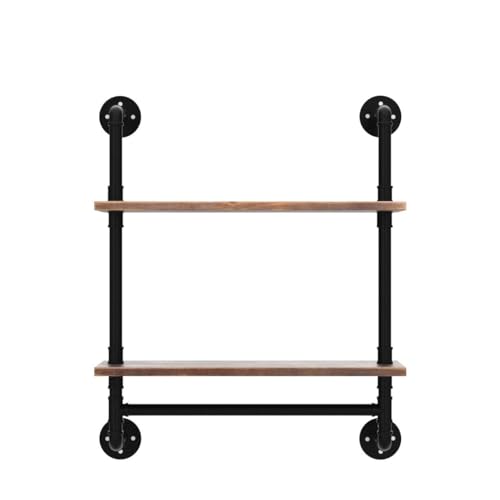 ROGMARS Industrial Pipe Shelving Bathroom Pipe Shelves with Towel Bar Over Toilet, 24 inch Pine Wood Floating Shelves for Wall Mounted Bedroom,Kitchen, Farmhouse, Living Room - color: Rustic Brown, size: 24 Inch 2 Tier