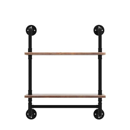 ROGMARS Industrial Pipe Shelving Bathroom Pipe Shelves with Towel Bar Over Toilet, 24 inch Pine Wood Floating Shelves for Wall Mounted Bedroom,Kitchen, Farmhouse, Living Room - color: Rustic Brown, size: 24 Inch 2 Tier