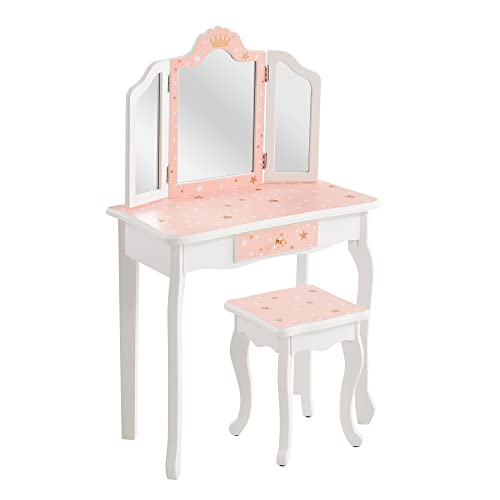 Nromant Kids Vanity Table and Chair Set, Girls Vanity Set with Stool, Tri-Folding Mirror, Dressing Table with Drawer for Little Girls (Pink) - color: Pink