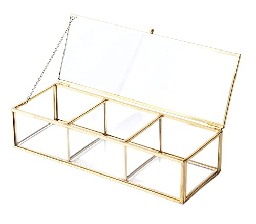 Vintage Golden Glass Lidded Box Clear Glass & Brass Metal Storage Jewelry and Cosmetic Makeup Organizer with Lid Beauty Display, Rectangle with 3 Compartment
