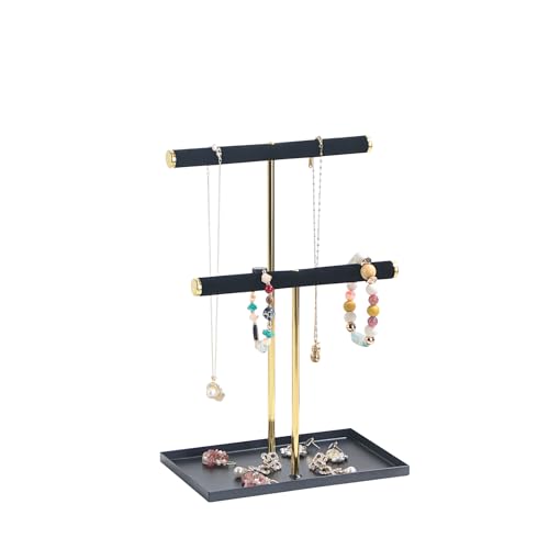 2 Tier Necklace Bracelet Holder Stand, Multi-Use Jewelry Display Organizer with Metal Tray, Velvet T-Bar Metal Necklace Organizer Stand, Jewelry Hanger Tower Rack for Men Women (Black 12" Tall) - color: Black