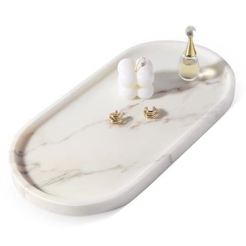 Koville White Marble Tray with Gold Pattern for Bathroom Counter, Stone Trays for Home Decor Marble Vanity Tray, Stone Storage Trays for Perfume, Jewelry, Decorative Tray for Dresser Organizer - color: White Golden Calacatta, size: 12" x 6" x 0.7"