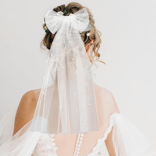 ORFOFE Bridal Veil Hair Clip with Faux Pearl Double-layer Bow White Bow Veil for Wedding Engagement Photoshoot Bridal Headpiece Accessories