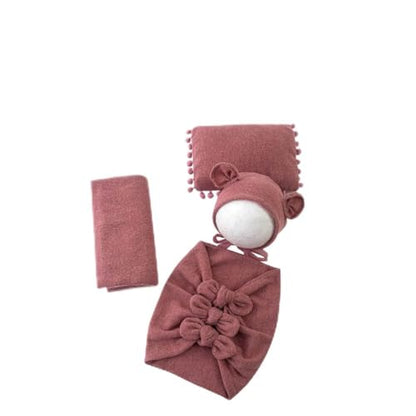 Newborn Baby Boy Girl Photography Props Bow Wrap, Posing Aid, Hat and Blanket Set of 4 Pcs - color: Dark Pink