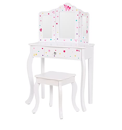 UTEX Kids Vanity Table and Chair Vanity Set with Mirror Makeup Dressing Table with Drawer, Play Vanity Set,White - style: White-Unicorn